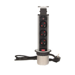 Möbeluttag med 6 cm utdragbart från bordsskivan med lås och 1,8 m kabel, 3x2P+Z.