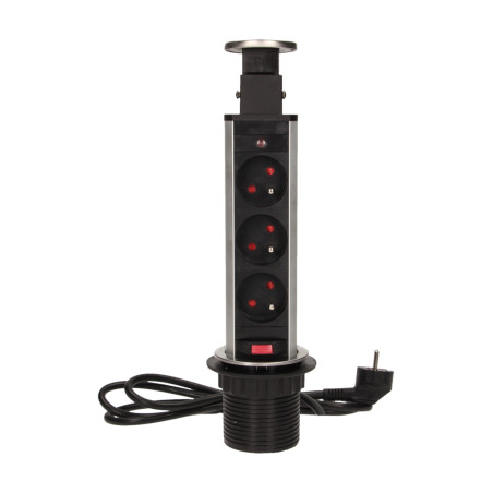 Möbeluttag med 6 cm utdragbart från bordet med lås och 1,8 m kabel, 3x2P+Z, INOX.