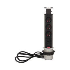 Möbeluttag med 6 cm utdragbart från bordet med USB-laddare, lås och 1,8 m kabel, 3x2P+Z.