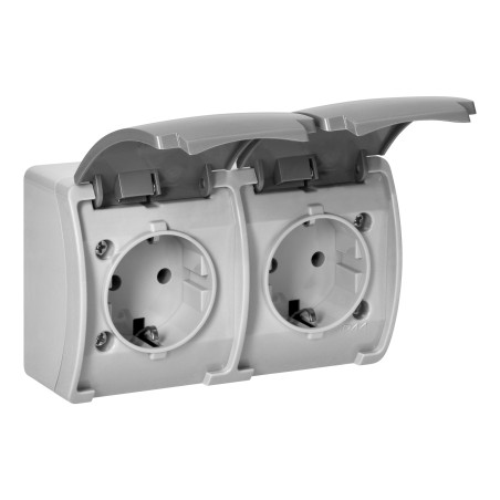 Dubbel uttag 2x2P+Z Schuko AQUATIC, IP44, grågrafit