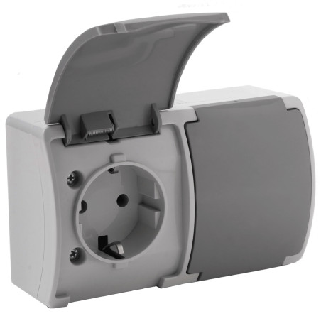 Dubbel Schuko-uttag 2x2P+Z AQUATIC, IP44, grå-grafit, 10 st. | HandlaSmidigt.se