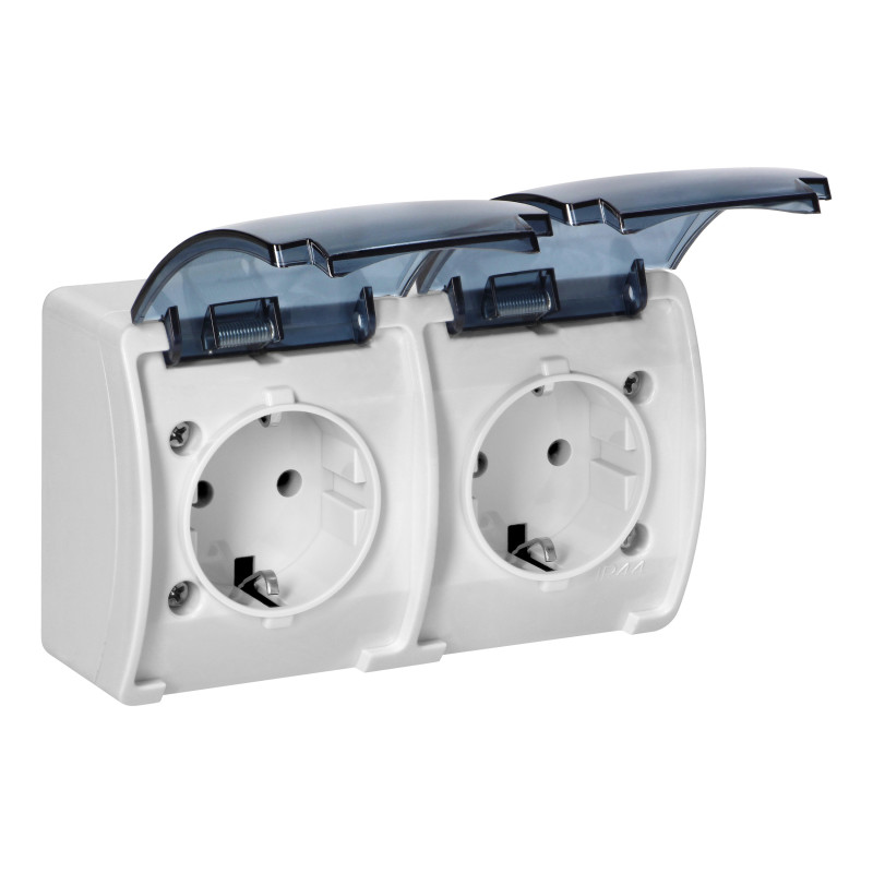 Dubbel uttag 2x2P+Z Schuko AQUATIC, IP44, vit dimmad