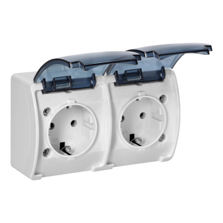 Dubbel uttag 2x2P+Z Schuko AQUATIC, IP44, vit dimmad | HandlaSmidigt.se