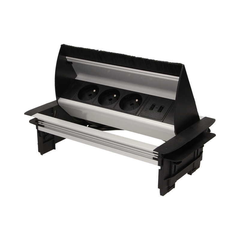 Möbeluttag infällt i bordsskivan med dammborste, USB-laddare och 1,8 m kabel, 3x2P+Z, 2xUSB.