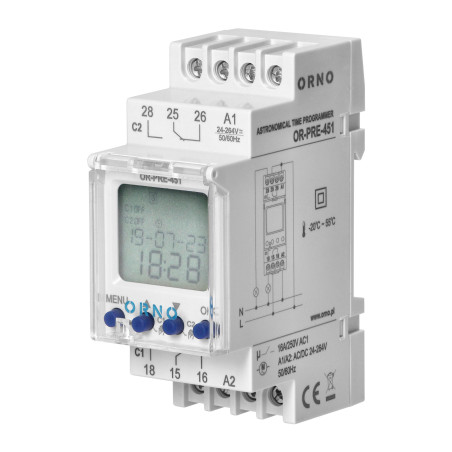 Elektronisk astronomisk och tidsprogrammerare, 100 program, 3 språk i menyn, 2 reläutgångar max. 16A/230V, bredd