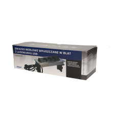 Möbeluttag infällt i bänkskivan i nickelpläterat hölje med USB-laddare och 1,8 m kabel, 3x2P+Z, 2xUSB.