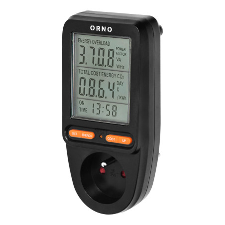Energiförbrukningsmätare, energikalkylator med LCD-skärm, svart.