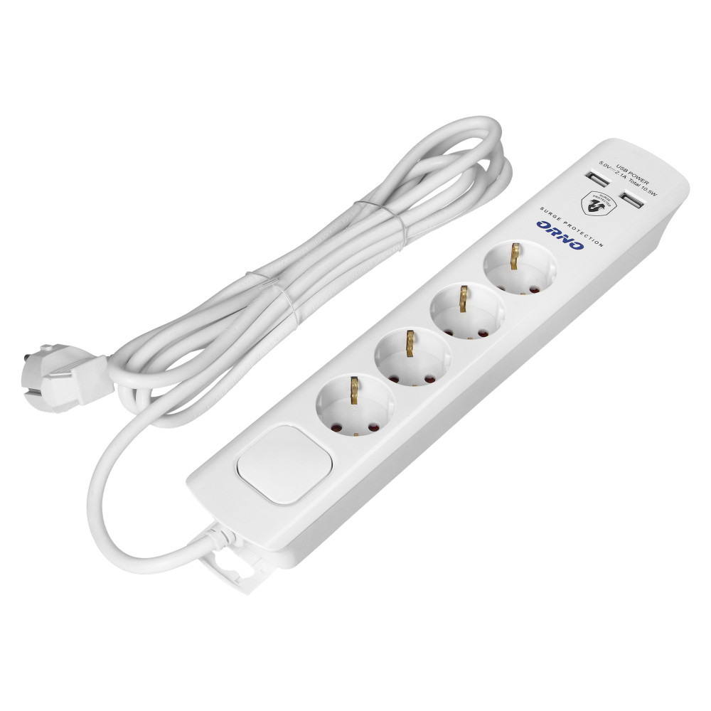 Överspänningsskydd, 4 uttag 2P+Z (Schuko), kabel 3x1,0mm2, 3m, med tvåvägs belyst strömbrytare. 16A/230 VAC, O Överspänningsskydd, 4 uttag 2P+Z (Schuko), kabel 3x1,0mm2, 3m, med tvåvägs belyst strömbrytare. 16A/230 VAC, O
