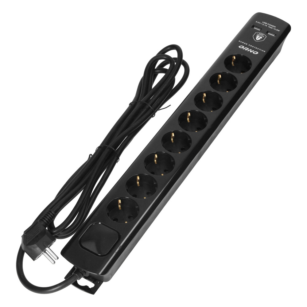 Överspänningsskydd, 8 uttag 2P+Z (Schuko), kabel 3x1,5mm2, 3m, med tvåvägs belyst strömbrytare. 16A/230 VAC, Oc Överspänningsskydd, 8 uttag 2P+Z (Schuko), kabel 3x1,5mm2, 3m, med tvåvägs belyst strömbrytare. 16A/230 VAC, Oc