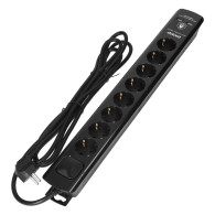 Överspänningsskydd, 8 uttag 2P+Z (Schuko), kabel 3x1,5mm2, 3m, med tvåvägs belyst strömbrytare. 16A/230 VAC, Oc