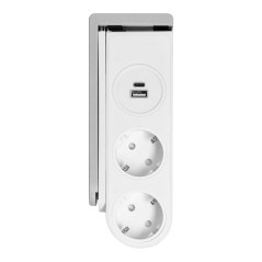 Skrivbordsströmskena av typen Schuko med USB-laddare och fjäderklämma för montering.