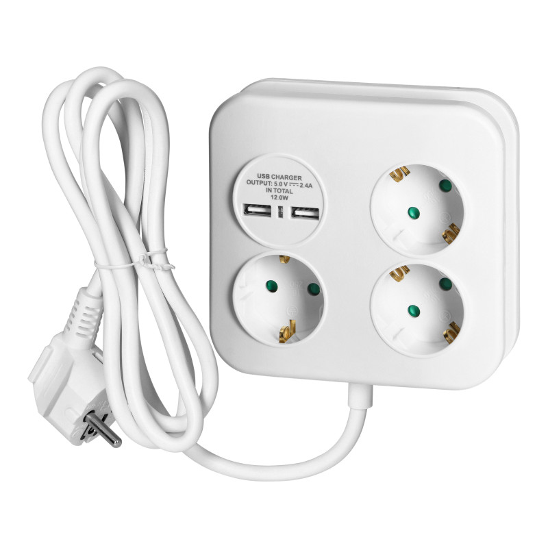 Kvadratisk strömskena med USB-laddare 3x2P+Z (Schuko), 2xUSB-A, kabel 3x1,5mm2, 1,4m