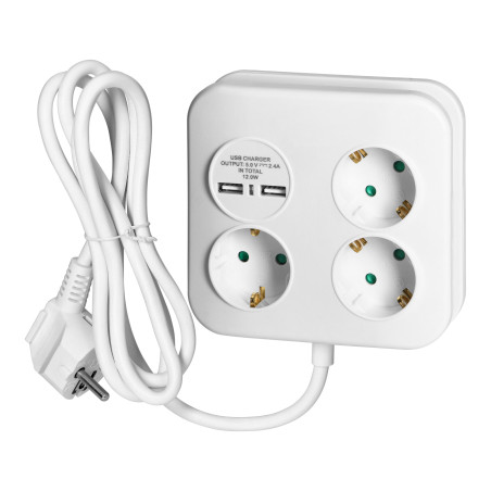 Kvadratisk strömskena med USB-laddare 3x2P+Z (Schuko), 2xUSB-A, kabel 3x1,5mm2, 1,4m