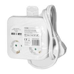 Kvadratisk strömskena med USB-laddare 3x2P+Z (Schuko), 2xUSB-A, kabel 3x1,5mm2, 1,4m