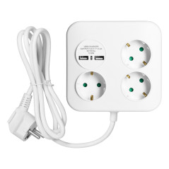 Kvadratisk strömskena med USB-laddare 3x2P+Z (Schuko), 2xUSB-A, kabel 3x1,5mm2, 1,4m