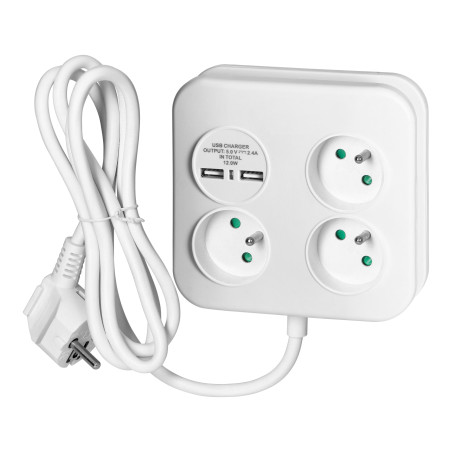 Fyrkantig strömskena med USB-laddare 3x2P+Z, 2xUSB-A, kabel 3x1,0mm2, 1,4m