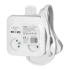 Fyrkantig strömskena med USB-laddare 3x2P+Z, 2xUSB-A, kabel 3x1,0mm2, 1,4m