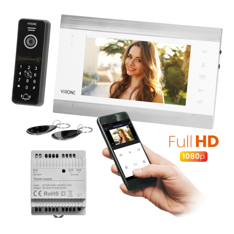 VIFIS Full HD videodörrtelefonpaket (utan hörlurar, krypterare, närhetsläsare, styrning via app, skenanslutning)