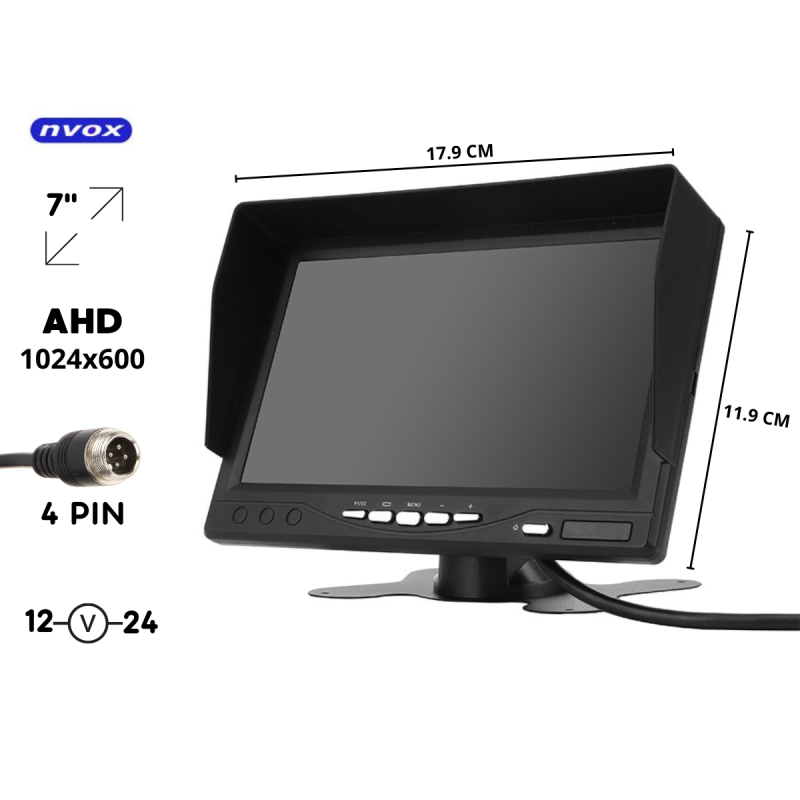 Bilskärmsmonitor 7 tum för bil med 2 AHD-kameror, 4-stiftsanslutning, 12V 24V.