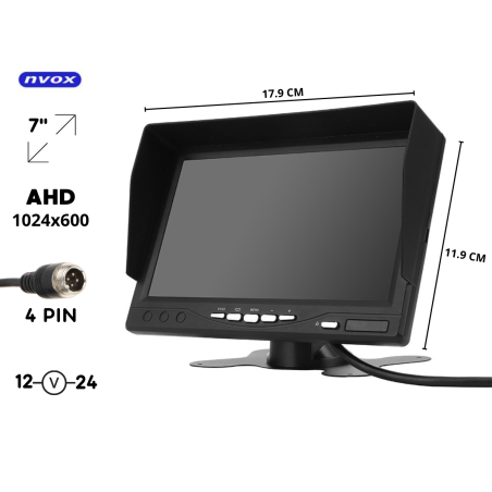 Bilskärmsmonitor 7 tum för bil med 2 AHD-kameror, 4-stiftsanslutning, 12V 24V.