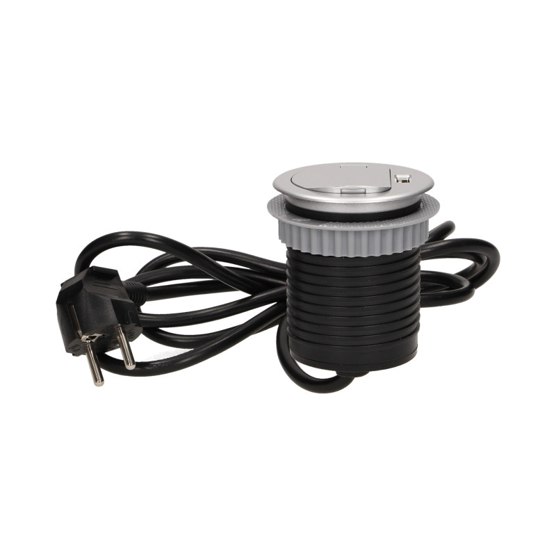 Möbeluttag med 6 cm infälld i bänkskivan med lock, USB-laddare och 1,8 m kabel, 1x2P+Z, 1xUSB.