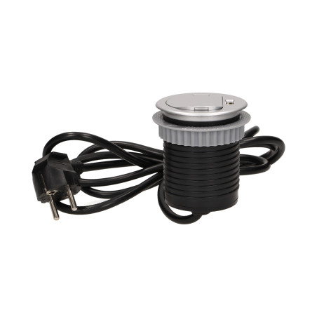 Möbeluttag med 6 cm infälld i bänkskivan med lock, USB-laddare och 1,8 m kabel, 1x2P+Z, 1xUSB.