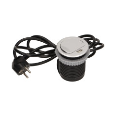 Möbeluttag med 6 cm infälld i bänkskivan med lock, USB-laddare och 1,8 m kabel, 1x2P+Z, 1xUSB.