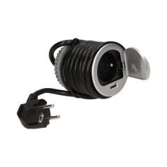 Möbeluttag med 6 cm infälld i bänkskivan med lock, USB-laddare och 1,8 m kabel, 1x2P+Z, 1xUSB.