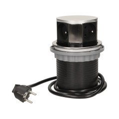 Möbeluttag med 10 cm utdragbart från bordsskivan med 1,5 m kabel, 4x2P+Z, rostfritt stål.