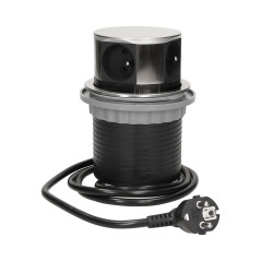 Möbeluttag med 10 cm utdragbart från bordet med USB-laddare och 1,5 m kabel, 3x2P+Z, 2xUSB, rostfritt stål.