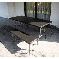 Trädgårdsbord med utfällbara 180 cm + 2 bänkar - svart.