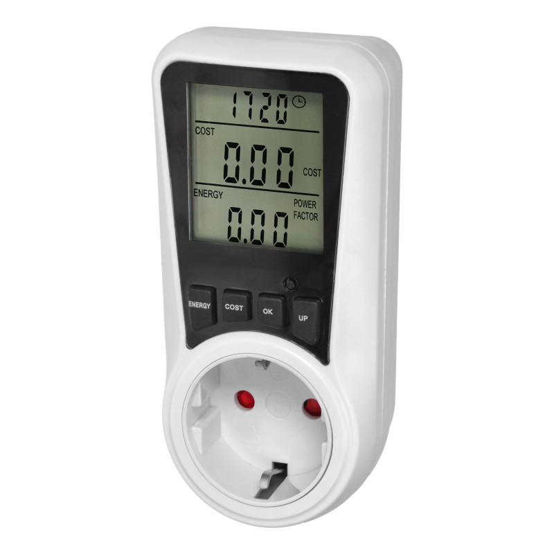 Tvåtakts elmätare, energikalkylator med LCD-skärm, 2 separata tariffer, inbyggt batteri, 16A 230V, Schuko-version.
