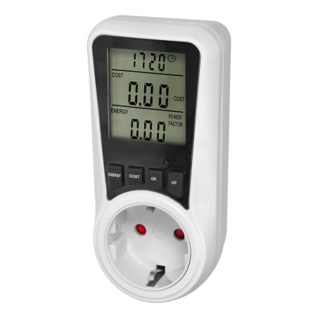 Tvåtakts elmätare, energikalkylator med LCD-skärm, 2 separata tariffer, inbyggt batteri, 16A 230V, Schuko-version.