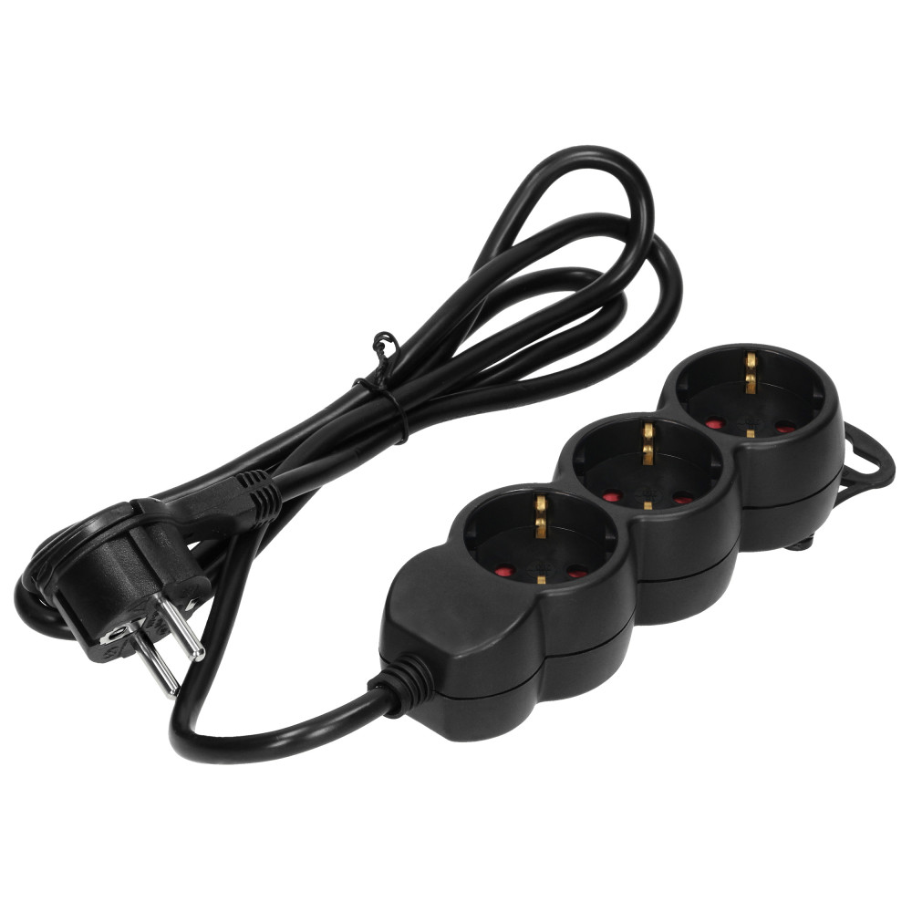 Förlängningssladd 3-vägs 2P+Z (Schuko), 3m H05VV-F 3x1,5mm2, Imax-16A, platt stickpropp, svart Förlängningssladd 3-vägs 2P+Z (Schuko), 3m H05VV-F 3x1,5mm2, Imax-16A, platt stickpropp, svart