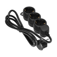 Förlängningssladd 3-vägs 2P+Z (Schuko), 3m H05VV-F 3x1,5mm2, Imax-16A, platt stickpropp, svart