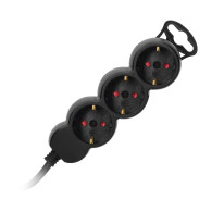 Förlängningssladd 3-vägs 2P+Z (Schuko), 3m H05VV-F 3x1,5mm2, Imax-16A, platt stickpropp, svart