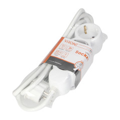 Förlängningssladd 3-vägs 2P+Z (Schuko), 1,5m H05VV-F 3x1,5mm2, Imax-16A, platt stickpropp, vit