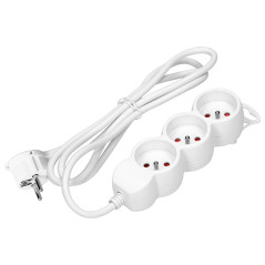 Förlängningssladd 3-vägs 2P+Z, 1,5m H05VV-F 3x1,5mm2, Imax-16A, platt kontakt, vit