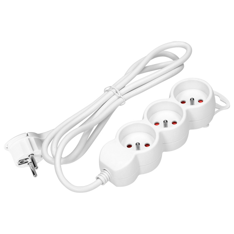 Förlängningskabel 3-vägs 2P+Z, 3m H05VV-F 3x1,5mm2, Imax-16A, platt kontakt, vit