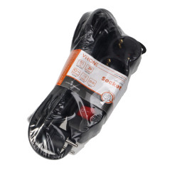 Förlängningskabel 3-vägs 2P+Z (Schuko), med strömbrytare, 5m H05VV-F 3x1,5mm2, Imax-16A, platt kontakt, svart