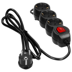 Förlängningskabel 3-vägs 2P+Z (Schuko), med strömbrytare, 5m H05VV-F 3x1,5mm2, Imax-16A, platt kontakt, svart