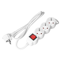 Förlängningskabel 3-vägs 2P+Z (Schuko), med strömbrytare, 5m H05VV-F 3x1,5mm2, Imax-16A, platt kontakt, vit