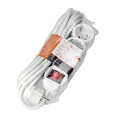 Förlängningskabel 3-vägs 2P+Z (Schuko), med strömbrytare, 5m H05VV-F 3x1,5mm2, Imax-16A, platt kontakt, vit
