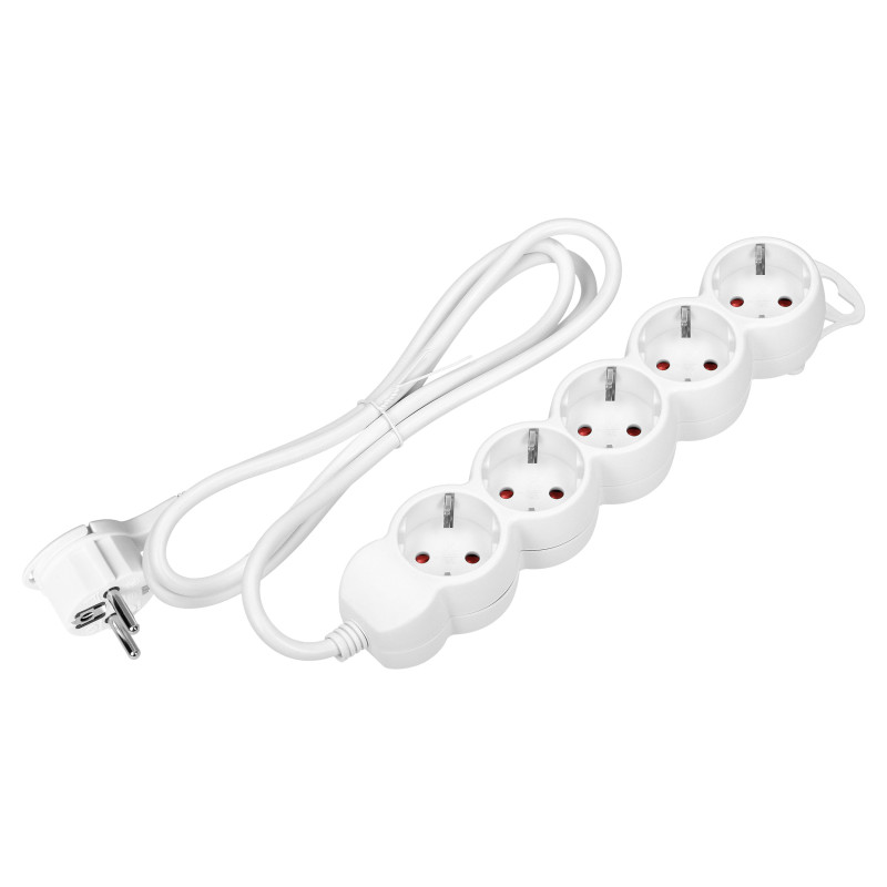 Förlängningssladd 5-vägs 2P+Z (Schuko), 3m H05VV-F 3x1,5mm2, Imax-16A, platt stickkontakt, vit