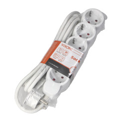 Förlängningssladd 5-vägs 2P+Z (Schuko), 3m H05VV-F 3x1,5mm2, Imax-16A, platt stickkontakt, vit