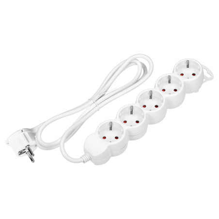 Förlängningssladd 5-vägs 2P+Z (Schuko), 5m H05VV-F 3x1,5mm2, Imax-16A, platt stickpropp, vit