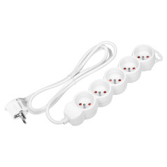 Förlängningssladd 5-vägs 2P+Z, 5m H05VV-F 3x1,5mm2, Imax-16A, platt stickpropp, vit