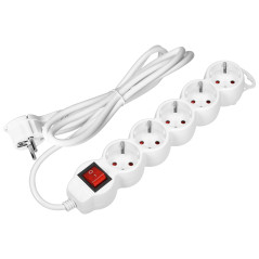 Förlängningssladd 5-vägs 2P+Z (Schuko), med strömbrytare, 5m H05VV-F 3x1,5mm2, Imax-16A, platt stickpropp, vit
