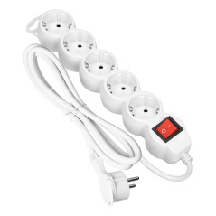 Förlängningssladd 5-vägs 2P+Z (Schuko), med strömbrytare, 5m H05VV-F 3x1,5mm2, Imax-16A, platt stickpropp, vit