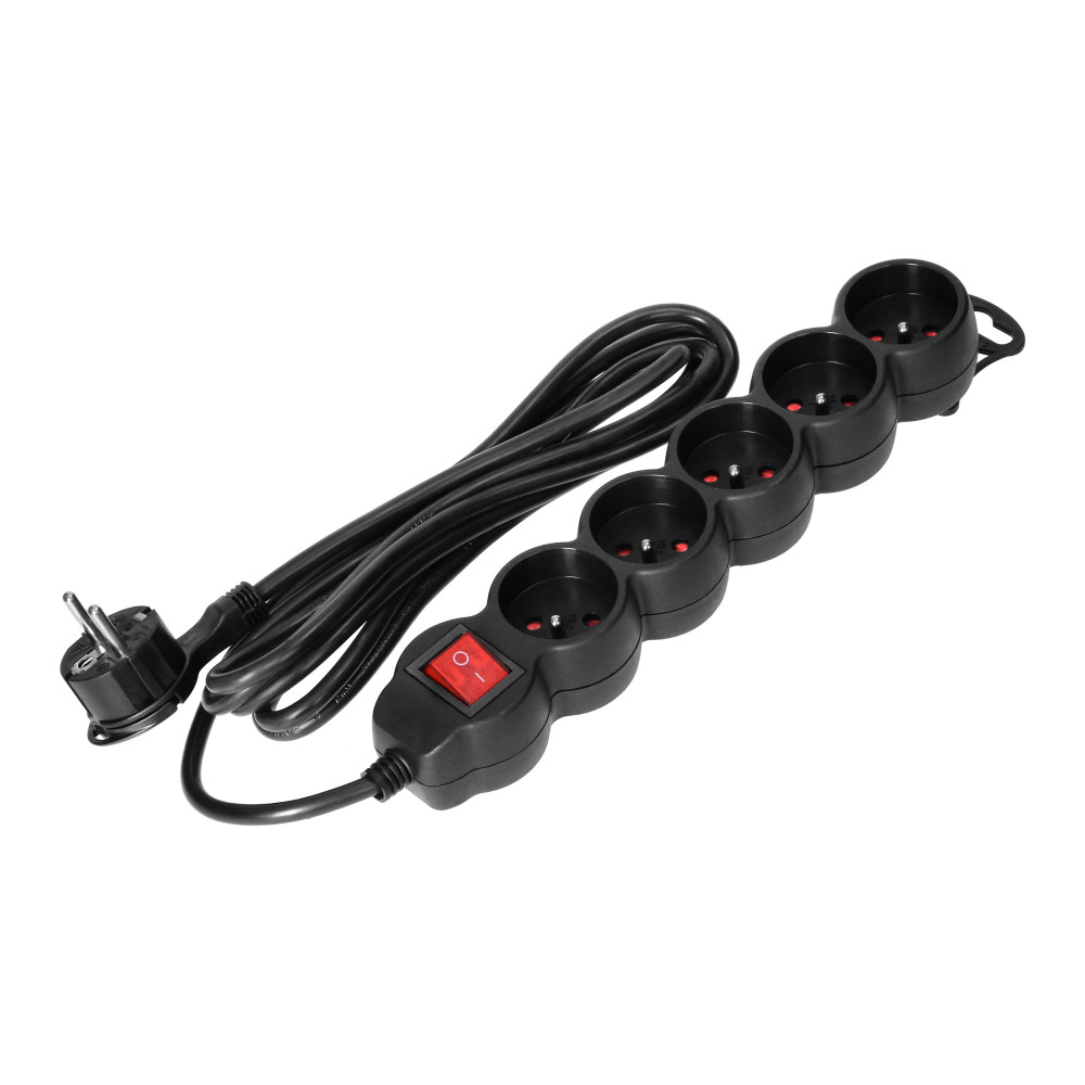 Förlängningssladd 5-vägs 2P+Z, med strömbrytare, 3m H05VV-F 3x1,5mm2, Imax-16A, platt stickpropp, svart Förlängningssladd 5-vägs 2P+Z, med strömbrytare, 3m H05VV-F 3x1,5mm2, Imax-16A, platt stickpropp, svart